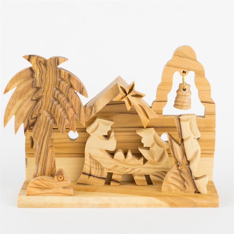 Nativity Grotto with bell Ornament Made of Olivewood 4"x 3" x 1.25"