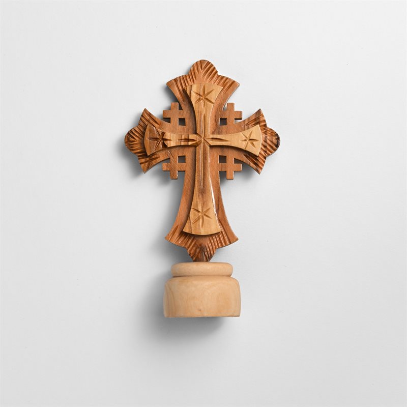 Jerusalem Cross on Base Made of Olivewood 6.7"