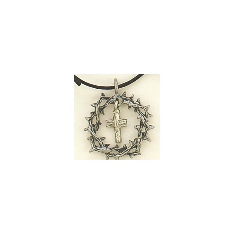 Crown of Thorns Cross Pewter Pendant on Cord