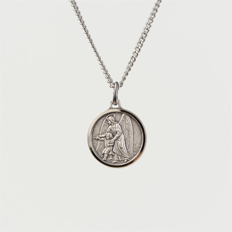 Guardian Angel Medal with 18" Chain and velvet Box Silver plated Made in France