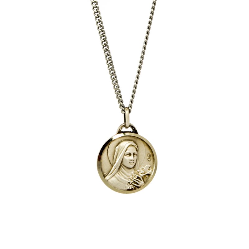 St Therese Medal with 18" Chain and velvet Box Silver plated Made in France