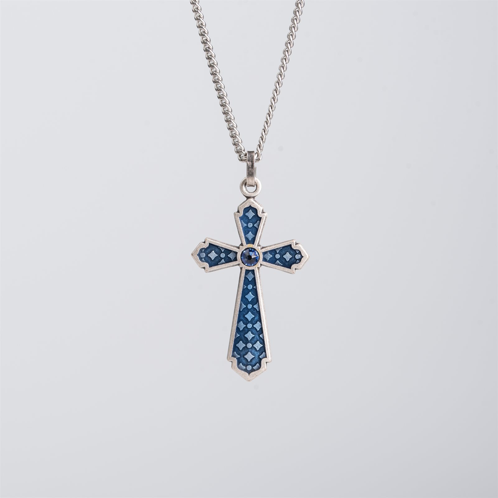 Blue Cross Pendant with 18" Chain & velvet Box Silver Plated Made in