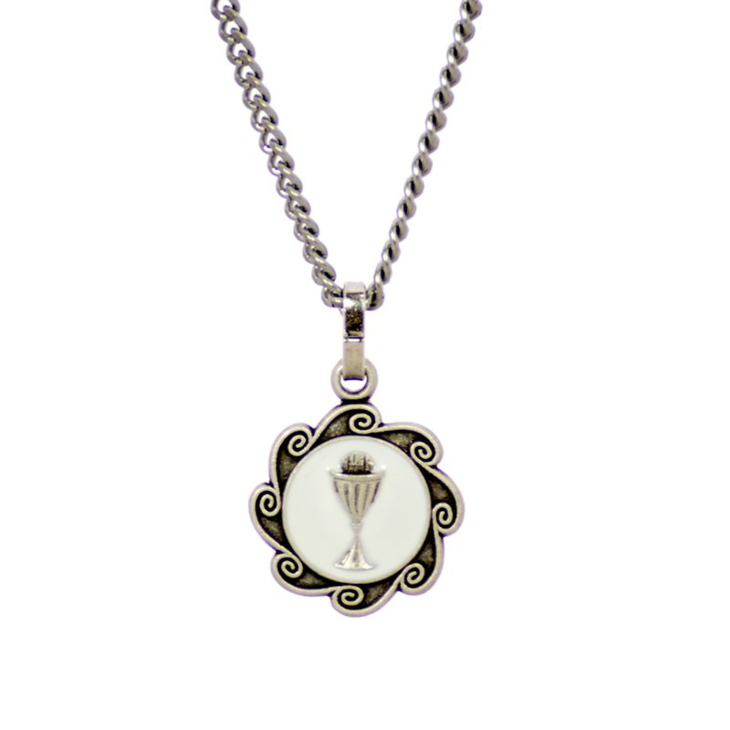 Communion Medal with 18" Chain and velvet Box Silver Plated Made in France