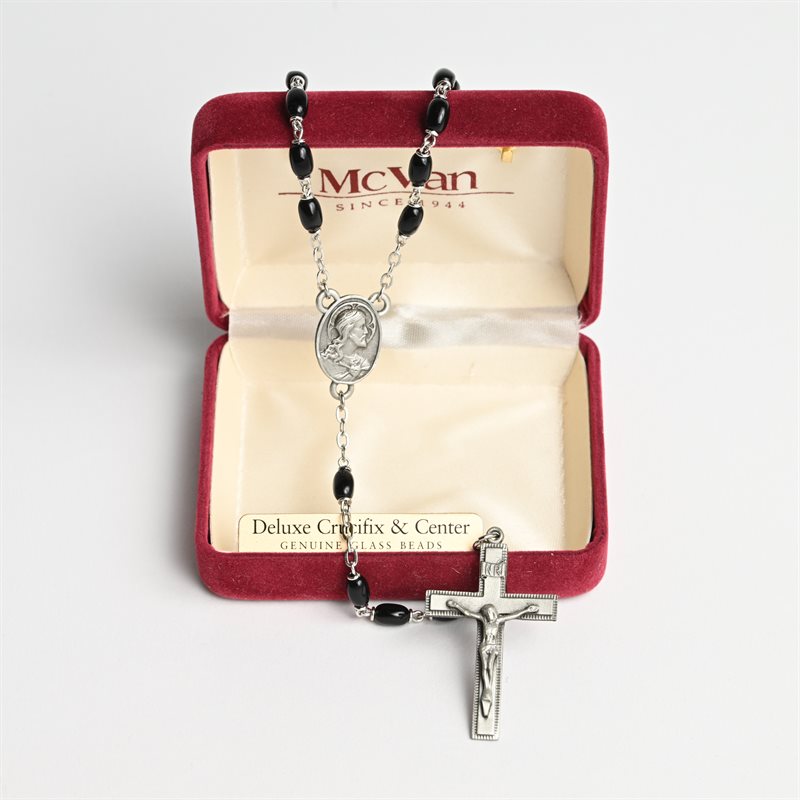 Pressed Bead Black Rosary on Sterling