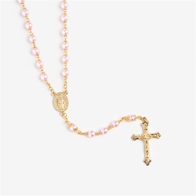Translucent rosé pearl rosary on gold chain