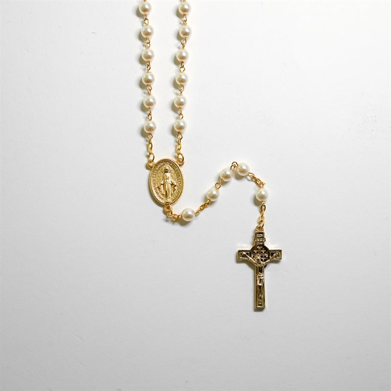 Cream Rosary with Relic Jerusalem on Gold chain
